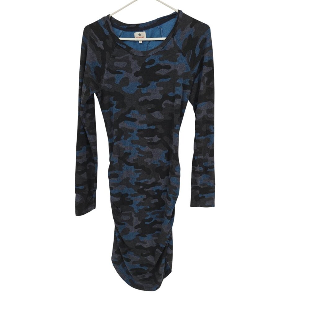 Sundry Camo Ruched Dress Womens Small Terry Long Sleeve Jersey Knit Blue